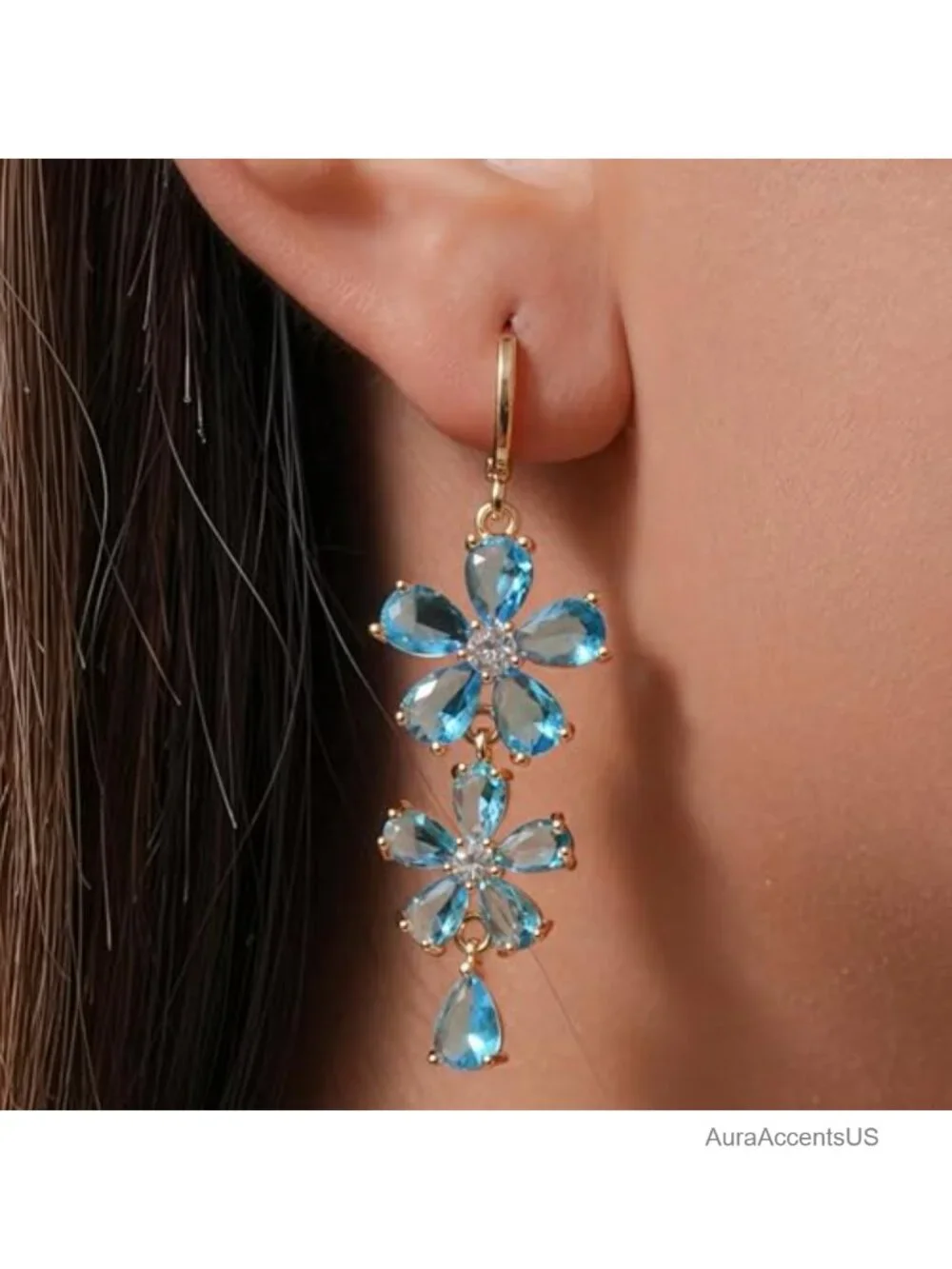 18K Gold Plated Flower Dangle Earrings, Hypoallergenic Cubic Zirconia Drop